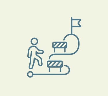 Line art icon of a person overcoming obstacles and hurdles to reach a goal flag.