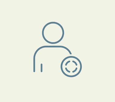 Minimalist blue outline icon of a user profile with a circular focus target symbol for account targeting.