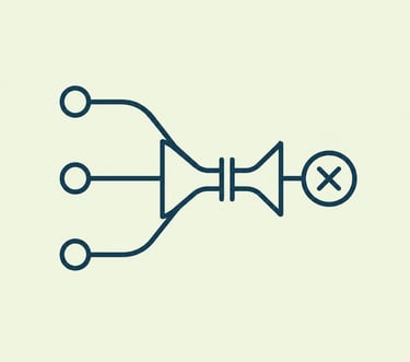 Minimalist blue icon showing data convergence into a central hub with an error cross symbol.