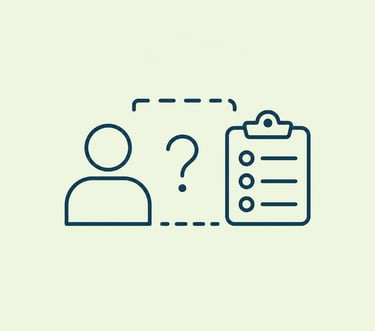A minimal line icon showing a person, a question mark, and a checklist representing a user profile survey or assessment.