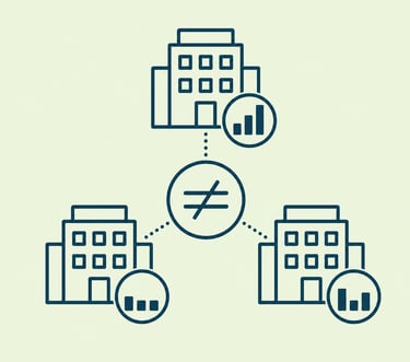 A line art graphic showing a benchmarking comparison between buildings using financial data charts.