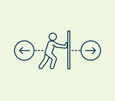 Line icon of a person figure pushing a wall between two direction arrows representing business strategy.