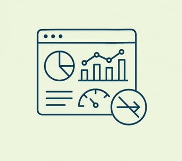 A data analytics dashboard icon featuring a pie chart, bar graph, and speedometer with a crossed-out arrow.