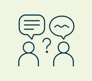 Icon of two people with speech bubbles and a question mark, representing communication, discussion, and problem-solving.