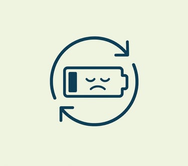 Low battery icon with a sad face inside circular arrows symbolizing power drainage and recharge cycle.