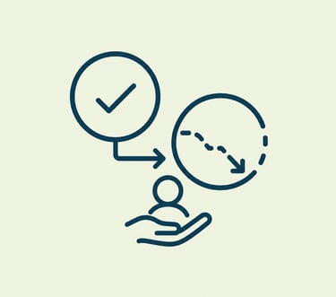 A line art business icon showing a person icon being supported by a hand, symbolizing task completion and risk reduction.
