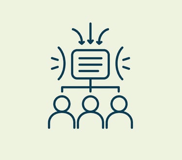 A minimalist line art icon representing internal communications and information flow to a team of three people.
