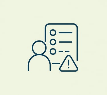Minimalist line icon of a person with a checklist and a warning alert sign representing user error.