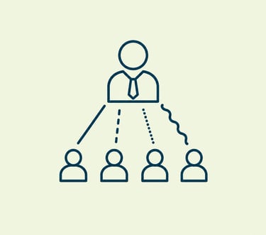 Organizational chart icon showing a manager leading a diverse team through various communication channels.