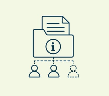 Minimalist line icon of a digital document folder with information symbol shared with three user profiles.