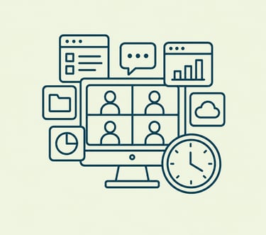 Minimalist line icon of a video conference on a computer monitor with business data charts and a clock.