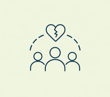 Minimalist icon of three people below a broken heart representing family conflict or relationship breakdown.