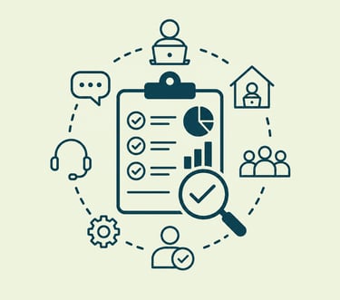 A circular icon arrangement showing various aspects of a managed service provider (MSP) business, including helpdesk