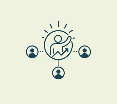 A minimalist business growth icon showing a leader motivating a team with an upward arrow and people icons.