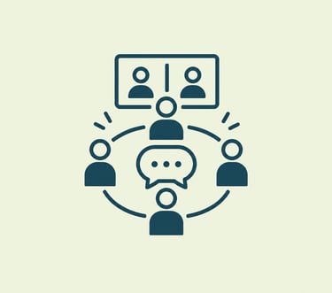 A minimalist flat icon representing team collaboration, online video conferencing, and remote communication.