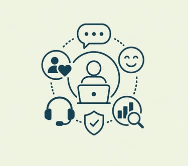 Customer service representative icon surrounded by support symbols like a headset, shield, and chat bubble.