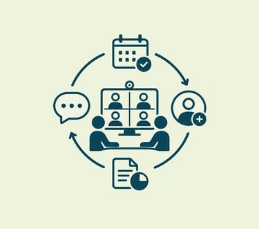 A circular workflow icon showing video conferencing, scheduling, and team collaboration for remote work.