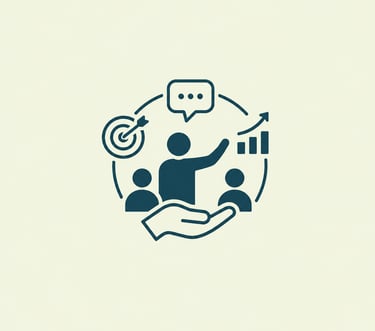 Business growth icon showing a leader coaching a team with target and bar graph symbols.