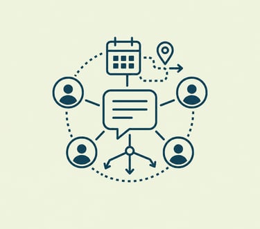 Flat line icon showing team collaboration with calendar, speech bubble, and people for project planning.