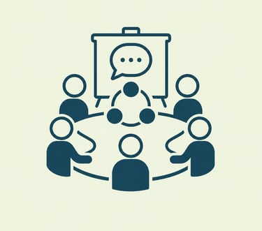 Business team meeting icon showing people sitting around a table for a collaborative workshop.