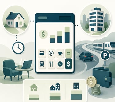A financial calculator illustration showing living expenses like housing, transit, and food for budget planning.