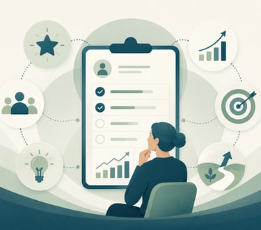 Business woman reviewing performance metrics on a digital dashboard for strategic growth and goal tracking.