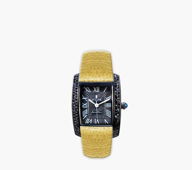 Luxury Atelier watch with a yellow l strap, black rectangular diamond bezel, and Roman numeral dial.
