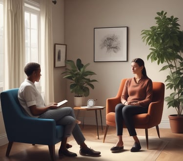 A professional consultation setting with a medical professional sitting at a desk facing a client. The room has a modern aesthetic with white walls decorated with framed certificates. The desk is organized with office supplies, a laptop, and a fruit bowl in the center.