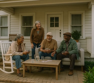 a group of people sitting on a porch