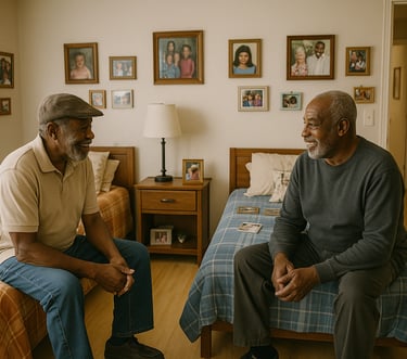two men sitting on a bed