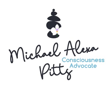 Brand art of Michael Alexa Pitts, in black cursive, Consciousness Advocate, skyblue print, a black rock cairn, a white orchid