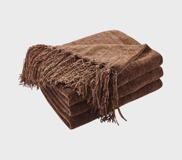CozeCube Chenille Throw Blanket for Couch, Cozy Plush Fuzzy Decorative Dark Brown Blanket with Fring