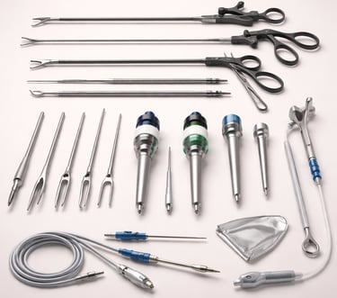 Laparoscopic instruments including trocars, scissors, and scopes on a white background.