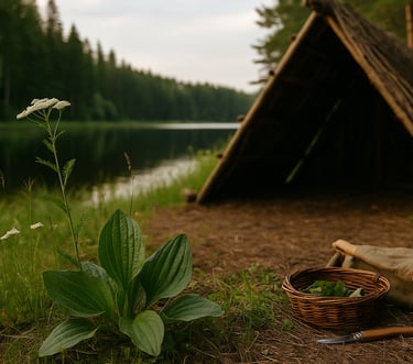 Broadleaf plant growing near lakeside campsite with foraged food and natural shelter in background