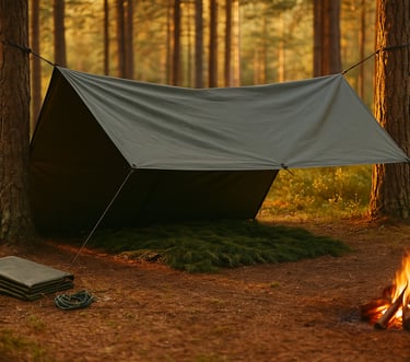 Tarp shelter in pine forest with fire pit, shovel, and survival gear for emergency camping and outdoor wilderness prep