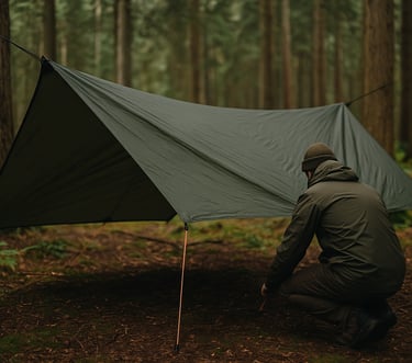 Camper setting up tarp shelter for wilderness camping in forest