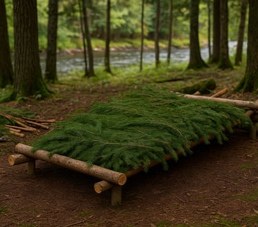 Wilderness raised Bough bed Shelter covered in evergreen boughs for insulation