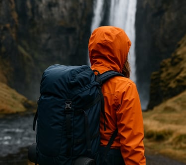 Solo hiker in orange jacket facing tall waterfall, awe-inspiring wilderness landscape representing survival journey