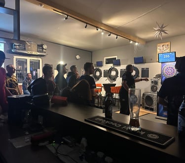 a group of people standing around