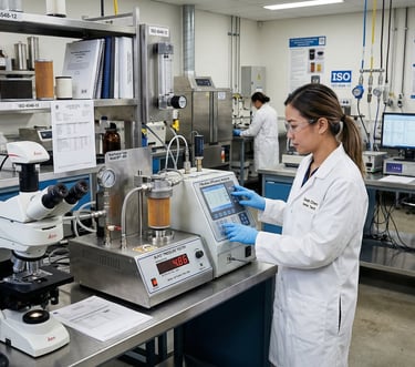 ISO 4548-12 accredited testing laboratory showing burst pressure testers and filtration efficiency analyzers