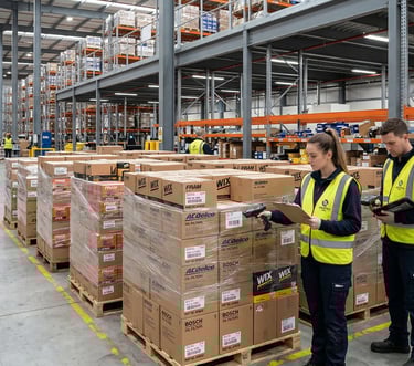 Modern freight forwarding warehouse with organized inventory of automotive oil filters and logistics staff