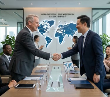 International business partnership handshake Chinese manufacturer distributor global cooperation success