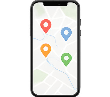 Smartphone mockup showing an interactive map with several colorful activity pins.