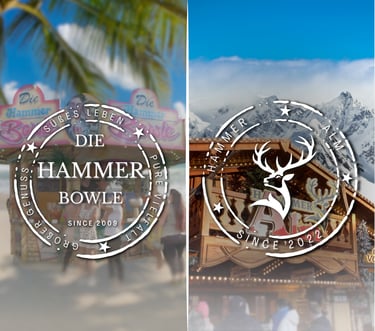 Geteiltes Bild, links der Hammer Bowle Stand mit Logo und rechts die Hammer Alm Hütte vor den Alpen