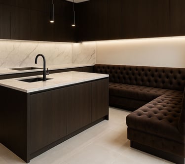 Rich brown tufted kitchen banquette with corner seating, designed by Solo Home Décor for elegant residential interiors.