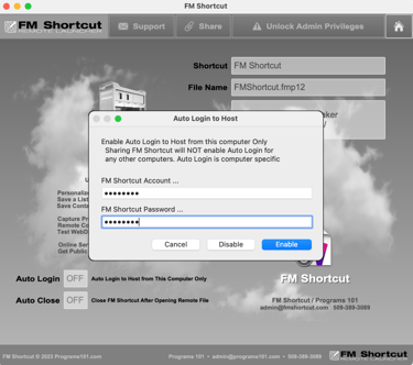 FM Shortcut FileMaker Launcher auto login to remote host