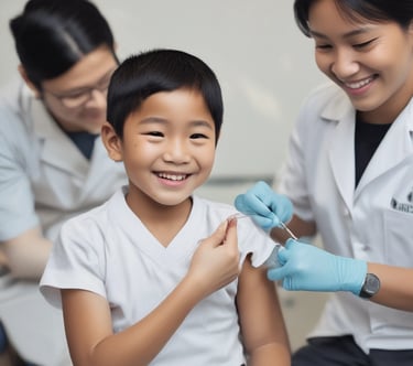 a woman in a surgical mask and a baby in a chair