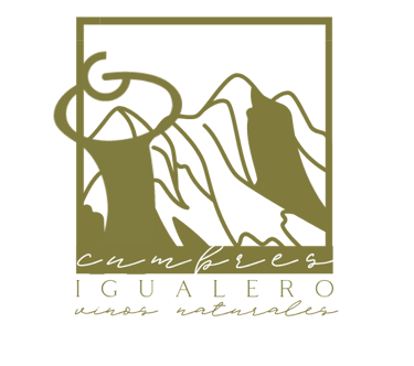 Cumbres Igualero natural wine logo with olive green mountain silhouette and elegant cursive typography on black background.