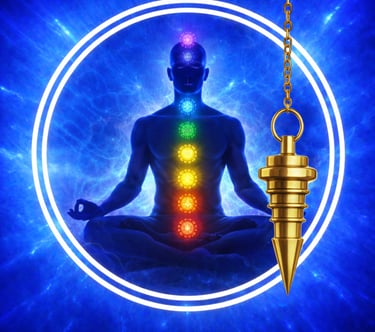 Un homme avec les 7 chakras assis dans deux cercles blancs