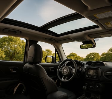 Interior do Jeep Renegade com teto solar panorâmico parcialmente aberto, vista ampla e iluminação na